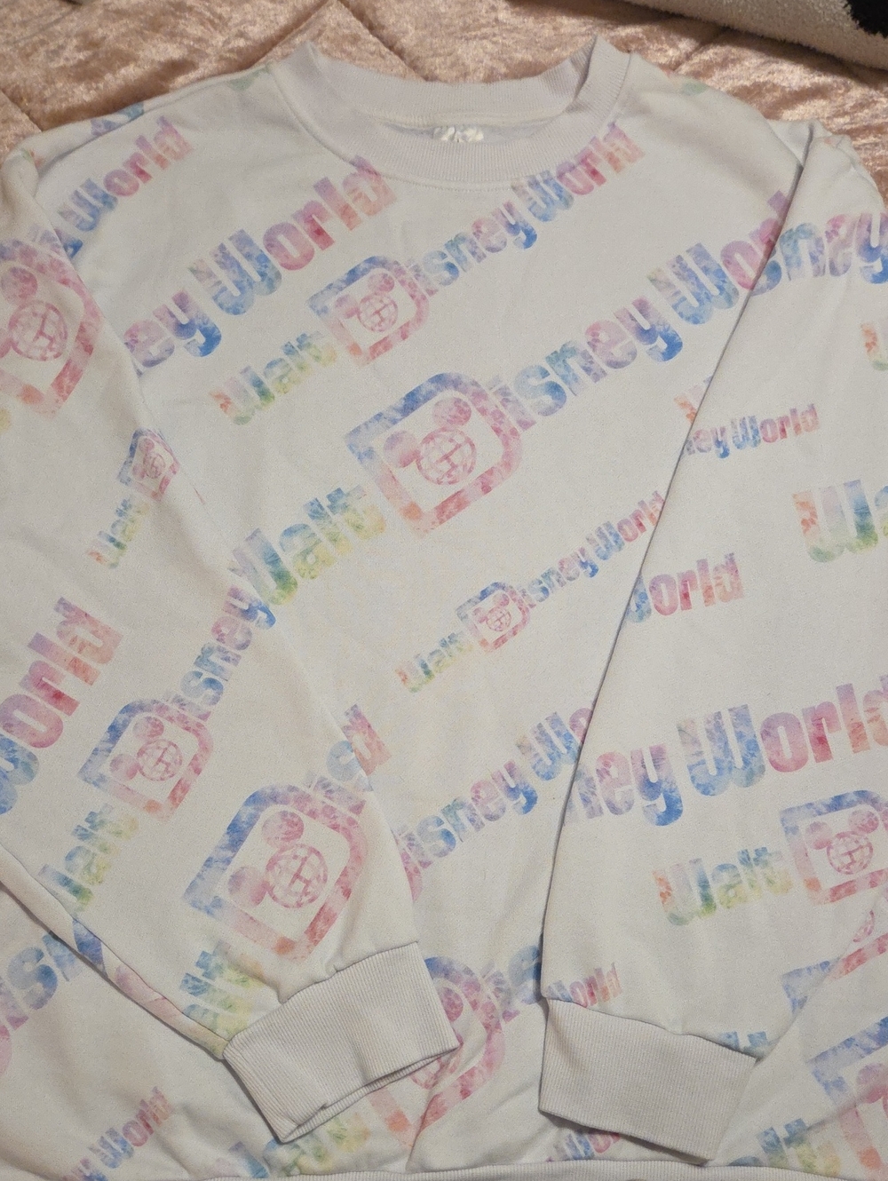 Disney White Crewneck Sweatshirt with Pastel Rainbow Logo Print
